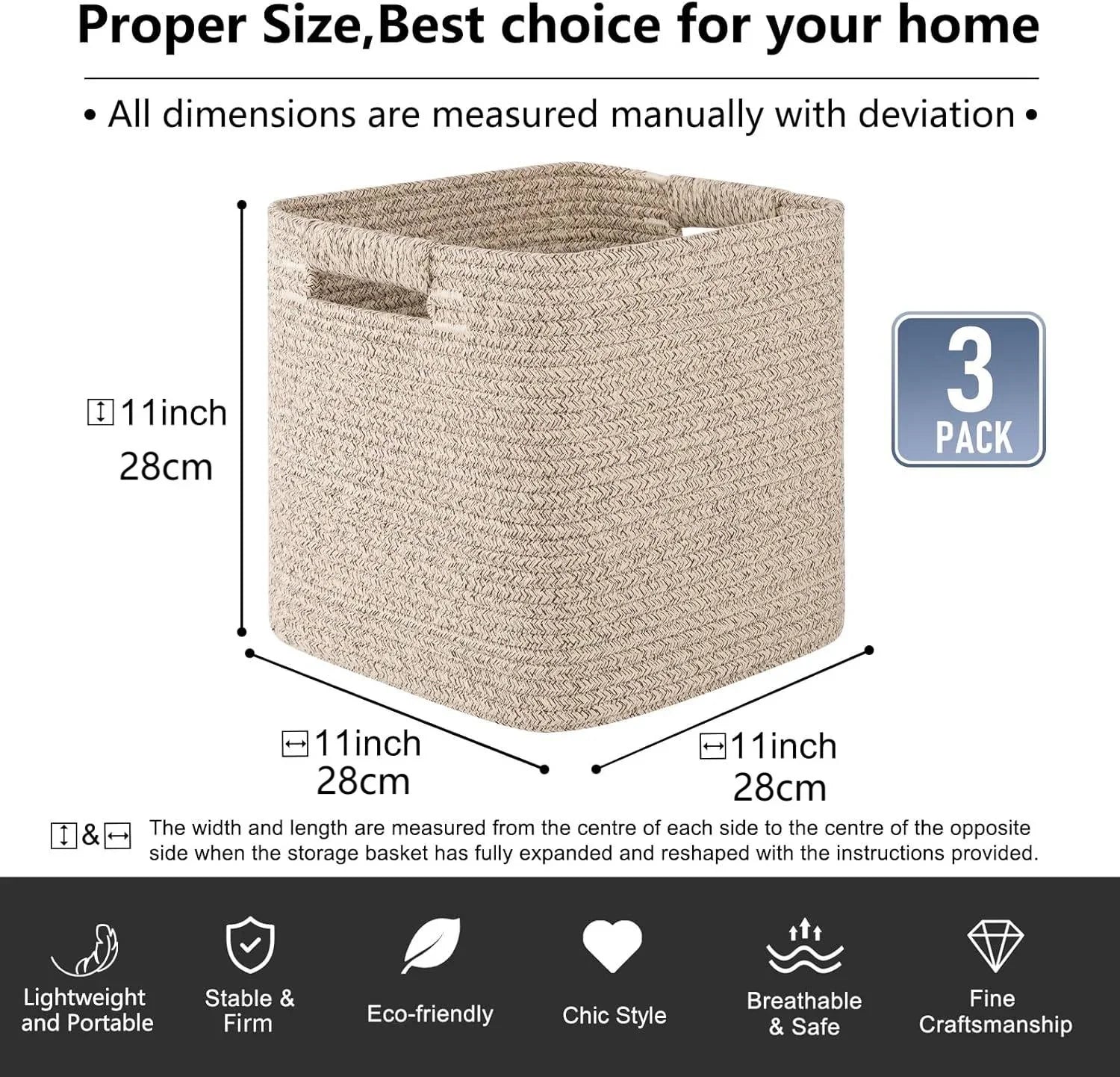 11" Small Cube Rope Basket 3 Pack - Oiahomy