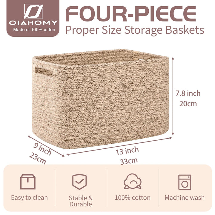 13"x7.8"x9" Casual Woven Cotton Rope Basket 4 Pack - Oiahomy