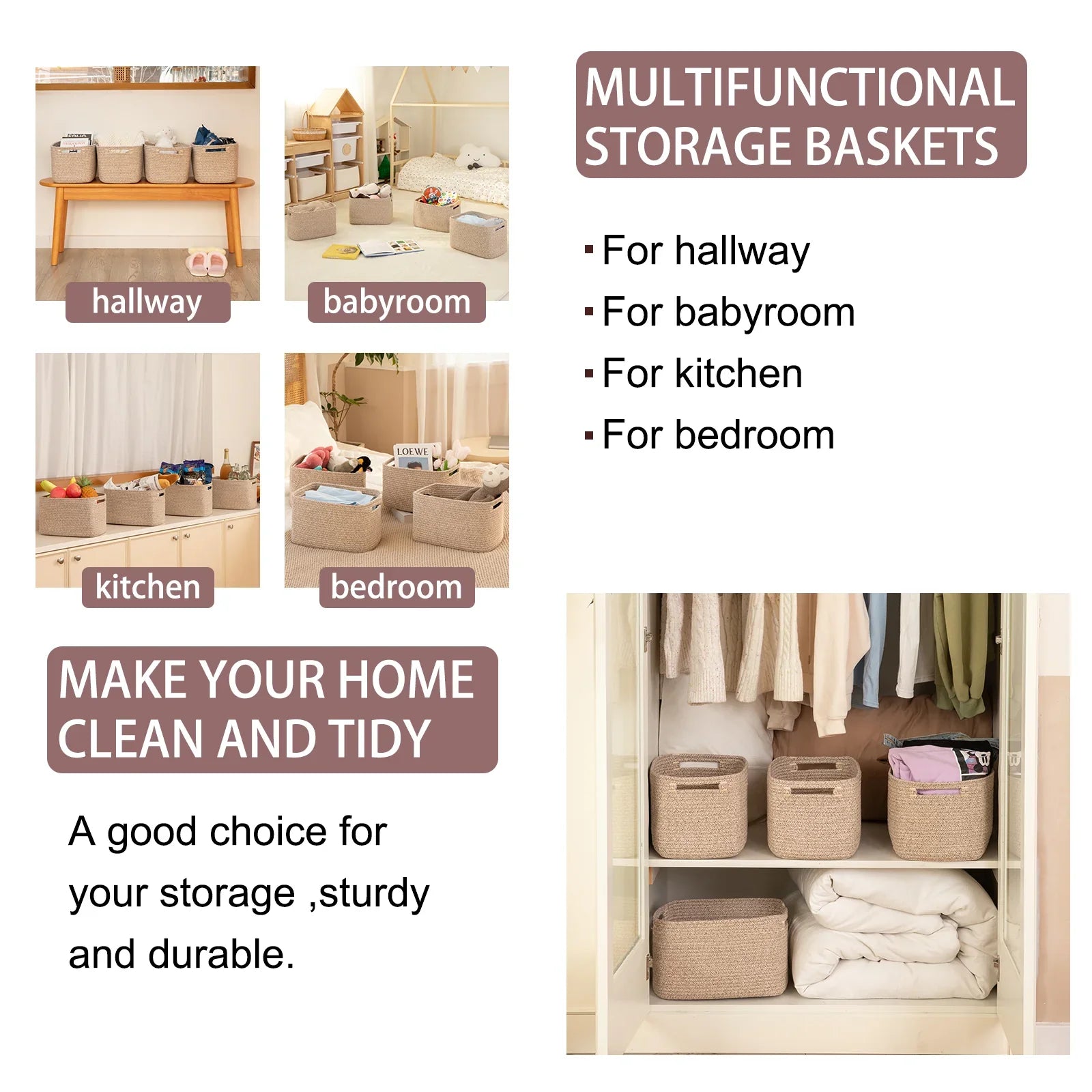 13"x7.8"x9" Casual Woven Cotton Rope Basket 4 Pack - Oiahomy