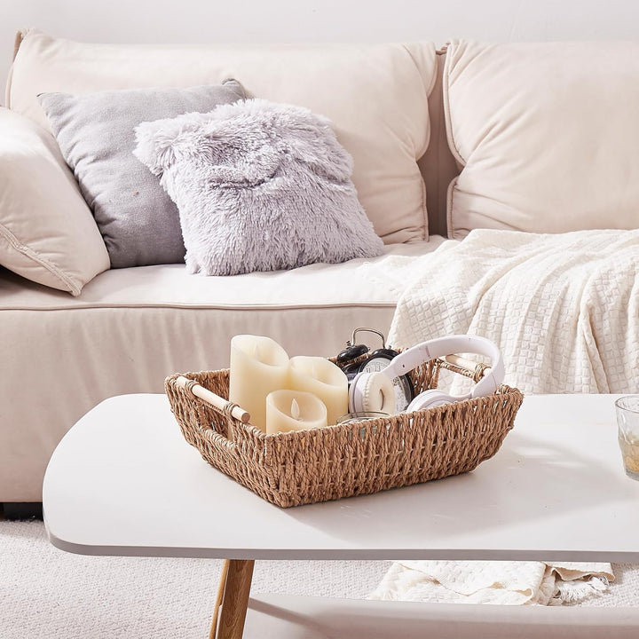 OIAHOMY 2 Pack Paper Rope Wicker Organizers Basket with Wooden Handles - Oiahomy