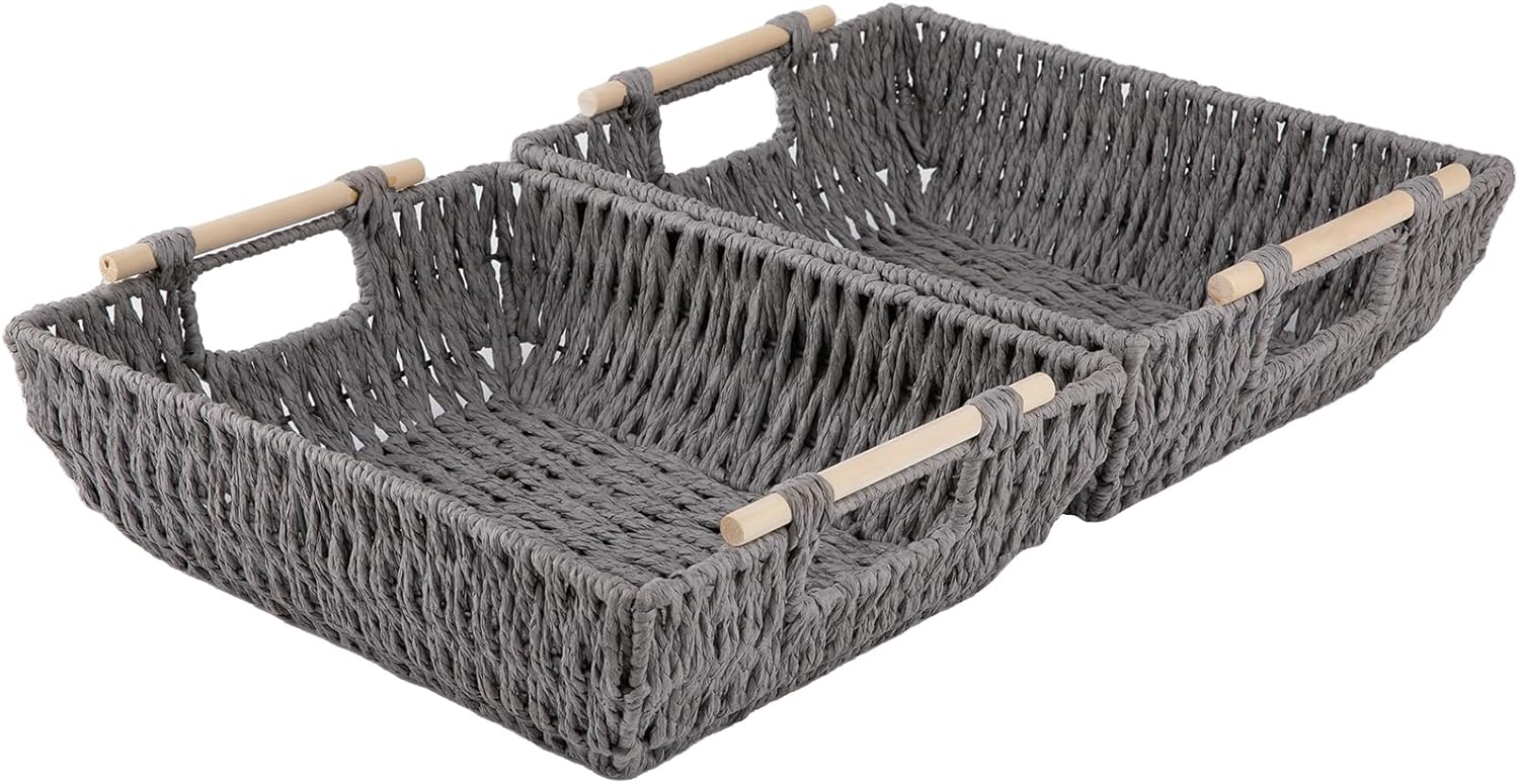 OIAHOMY 2 Pack Paper Rope Wicker Organizers Basket with Wooden Handles - Oiahomy
