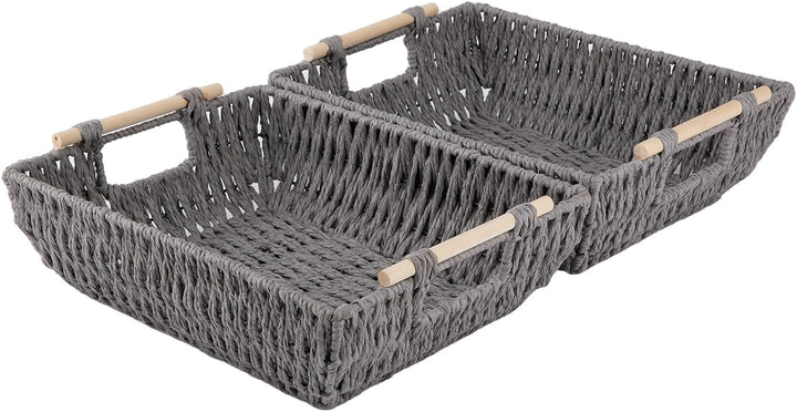 OIAHOMY 2 Pack Paper Rope Wicker Organizers Basket with Wooden Handles - Oiahomy