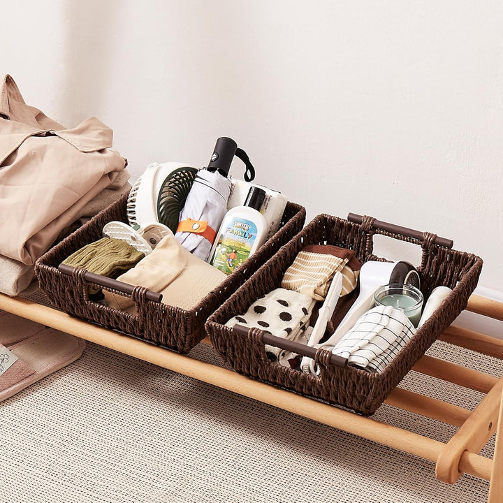OIAHOMY 2 Pack Paper Rope Wicker Organizers Basket with Wooden Handles - Oiahomy