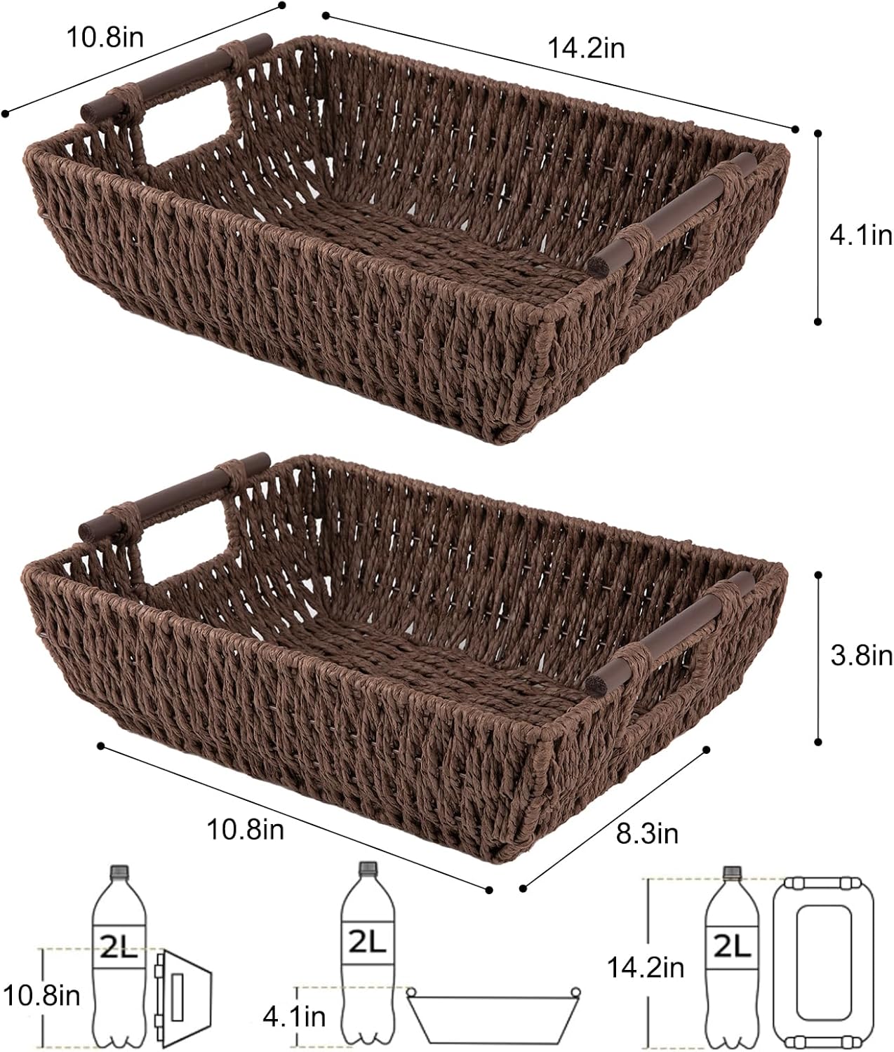 OIAHOMY 2 Pack Paper Rope Wicker Organizers Basket with Wooden Handles - Oiahomy