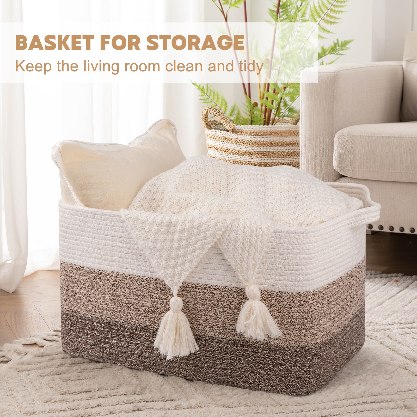 OIAHOMY Large Storage Basket, Cotton Rope Woven Blanket Basket, Toy Basket for Baby Room, Basket for Blanket Storage in Living Room, 20''×16''×12'', Gradient Yellow