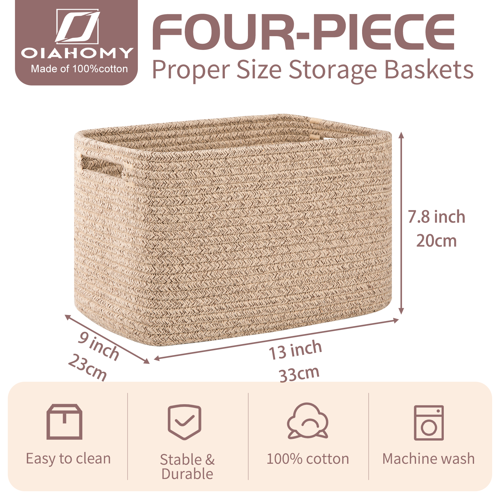 13"x7.8"x9" Casual Woven Cotton Rope  Basket 4 Pack