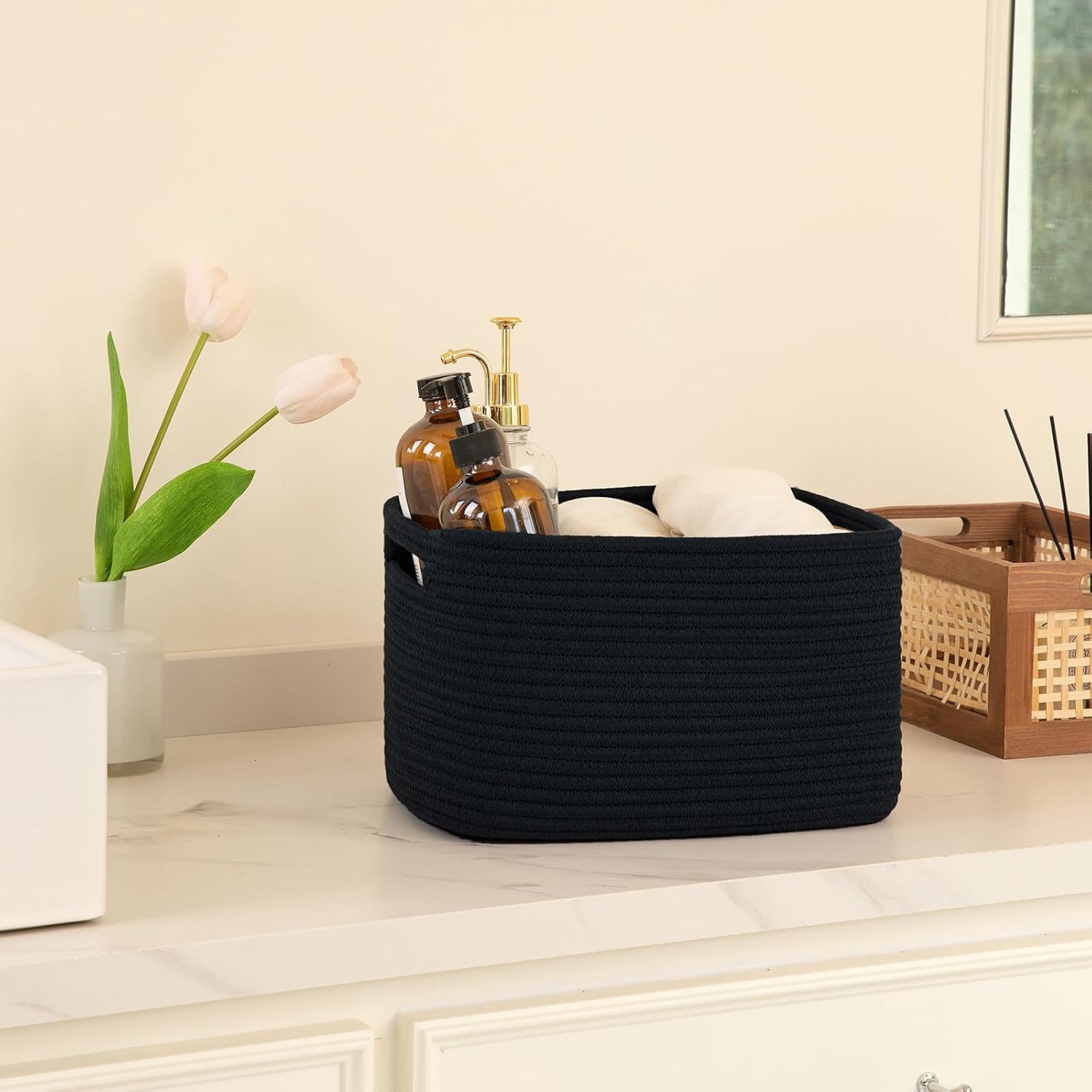 OIAHOMY 4 Pack Storage Baskets for Organizing, Cube Storage Bins for Shelves, Rectangle Storage Baskets With Handles, Woven Baskets for Storage, 16''Lx12''Wx8''H, Black