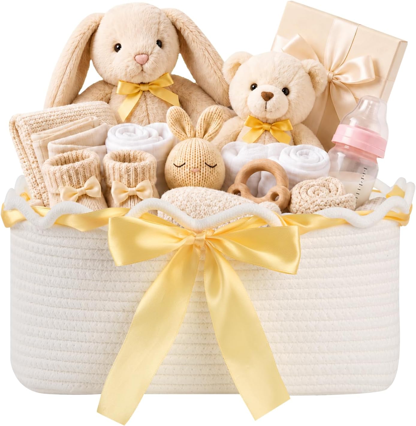 OIAHOMY Empty Gift Basket to Fill, Woven Storage Bin with Gift Bag & Ribbon | 13.6"x10"x5.9" Storage Basket Empty for Holiday Presents, Baby Shower & Home Decor, Toy Organizer for Kids, White