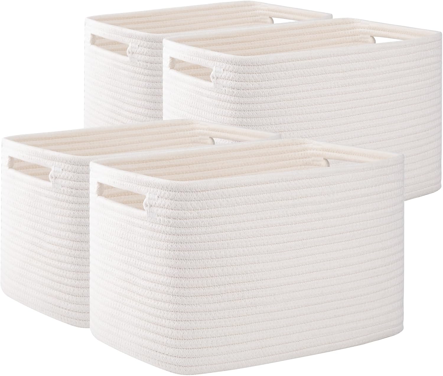 OIAHOMY 4 Pack Storage Baskets for Organizing, Cube Storage Bins for Shelves, Rectangle Storage Baskets With Handles, Woven Baskets for Storage, 16''Lx12''Wx8''H, White