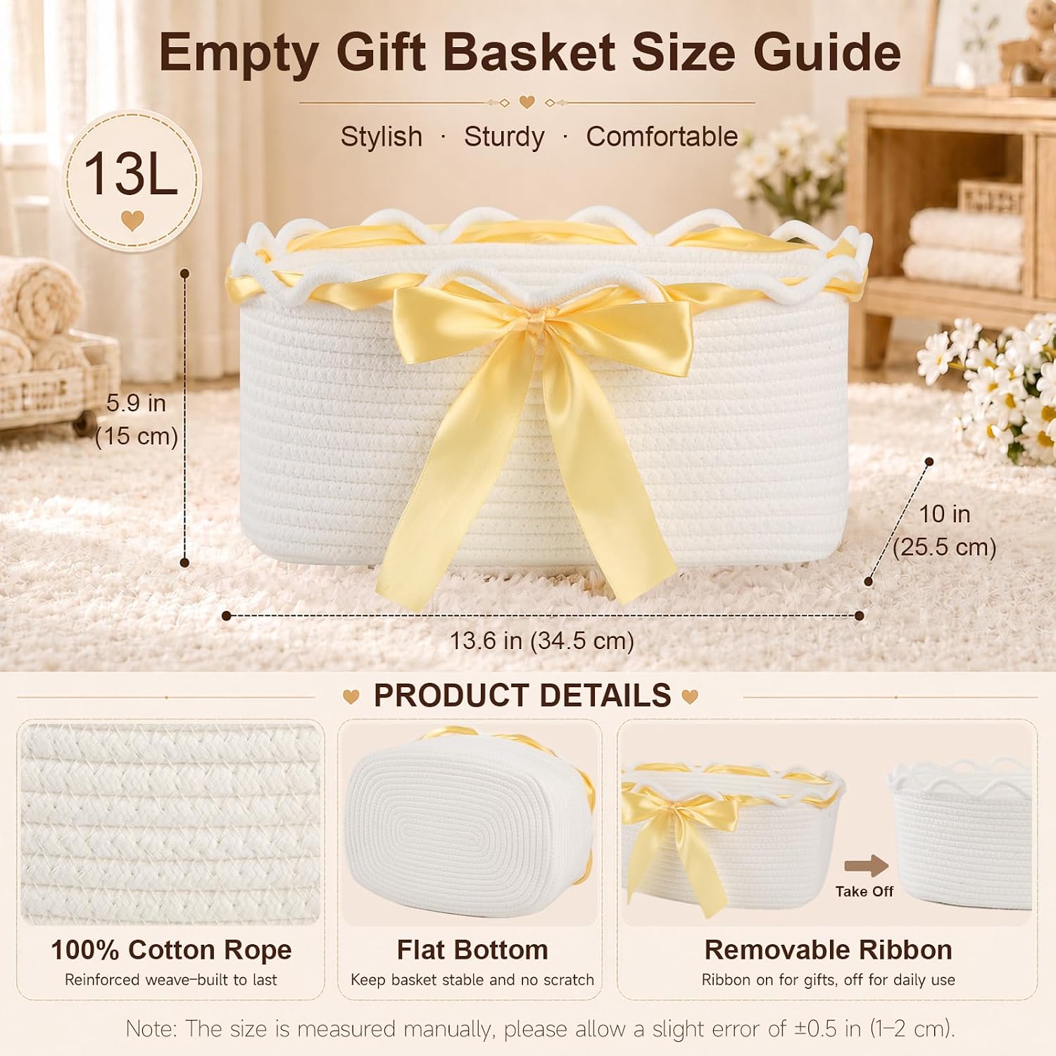 OIAHOMY Empty Gift Basket to Fill, Woven Storage Bin with Gift Bag & Ribbon | 13.6"x10"x5.9" Storage Basket Empty for Holiday Presents, Baby Shower & Home Decor, Toy Organizer for Kids, White