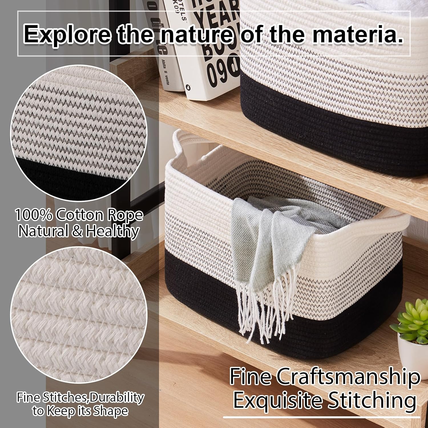 13"x9.9"x8.7" 3 Pack Cotton Rope Storage Basket Oiahomy Bins For Shelves