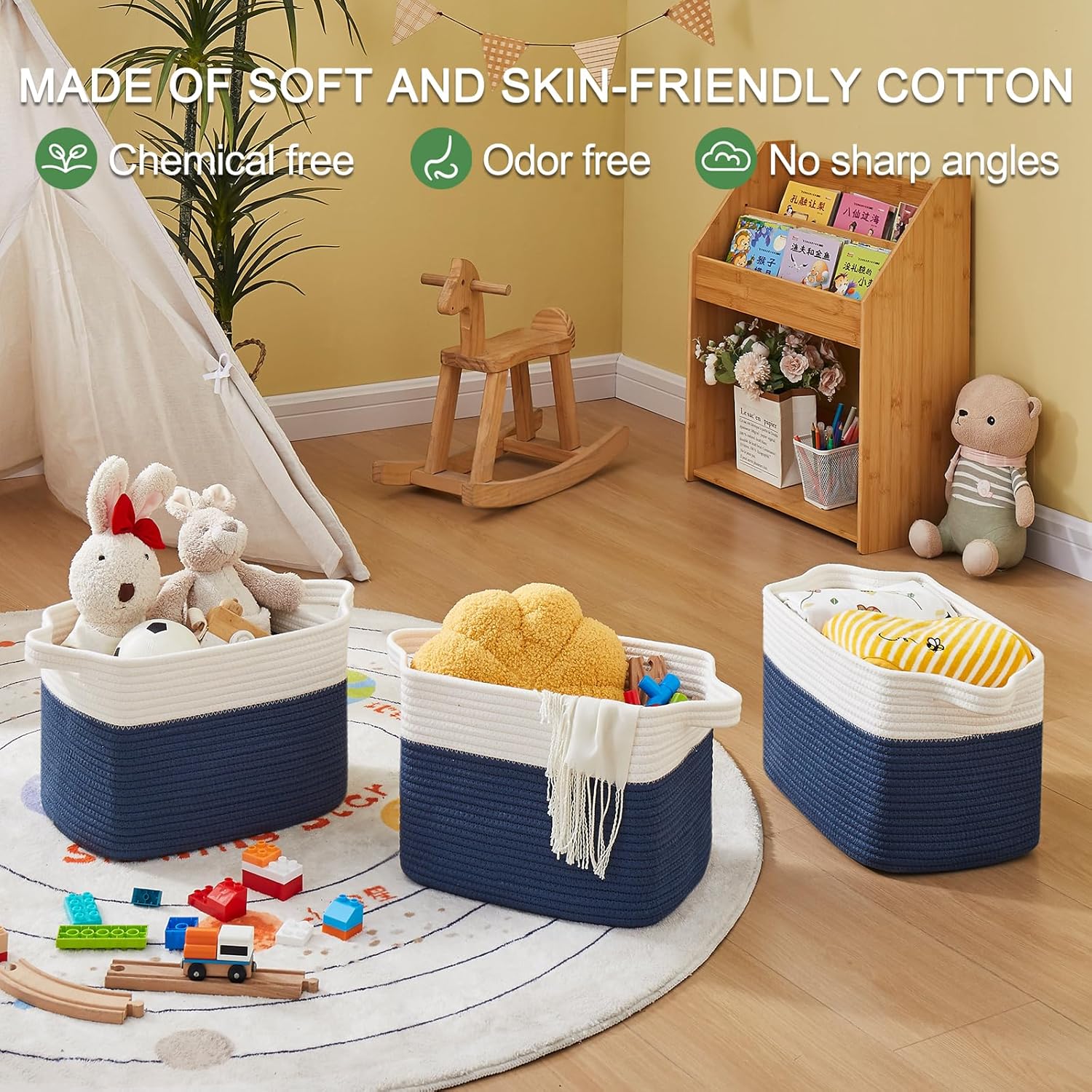 13"x9.9"x8.7" 3 Pack Cotton Rope Storage Basket Oiahomy Bins For Shelves
