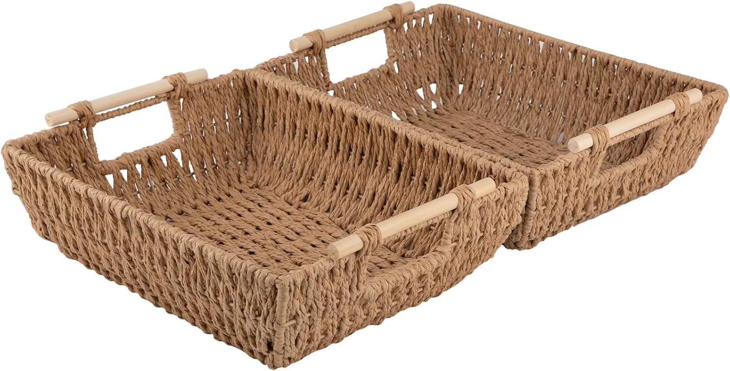 OIAHOMY 2 Pack Paper Rope Wicker Organizers Basket with Wooden Handles - Oiahomy 