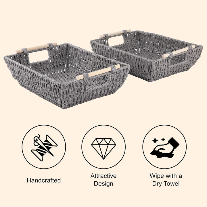 OIAHOMY 2 Pack Paper Rope Wicker Organizers Basket with Wooden Handles - Oiahomy 