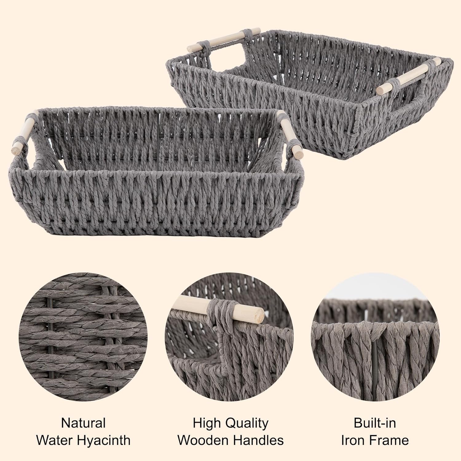 OIAHOMY 2 Pack Paper Rope Wicker Organizers Basket with Wooden Handles - Oiahomy 