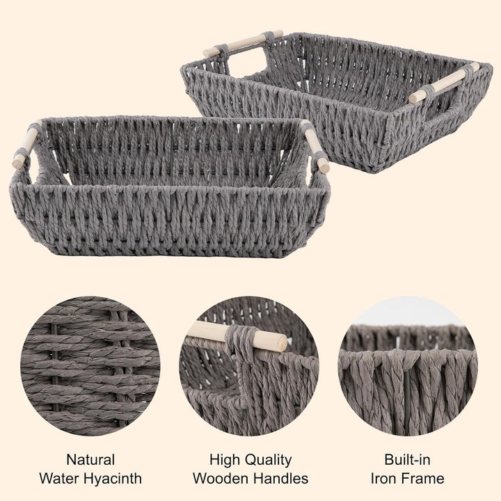 OIAHOMY 2 Pack Paper Rope Wicker Organizers Basket with Wooden Handles - Oiahomy 