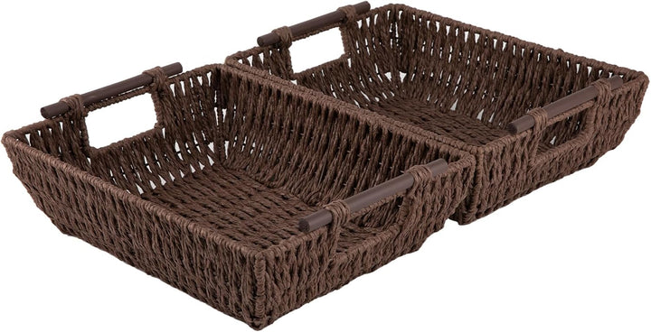 OIAHOMY 2 Pack Paper Rope Wicker Organizers Basket with Wooden Handles - Oiahomy 