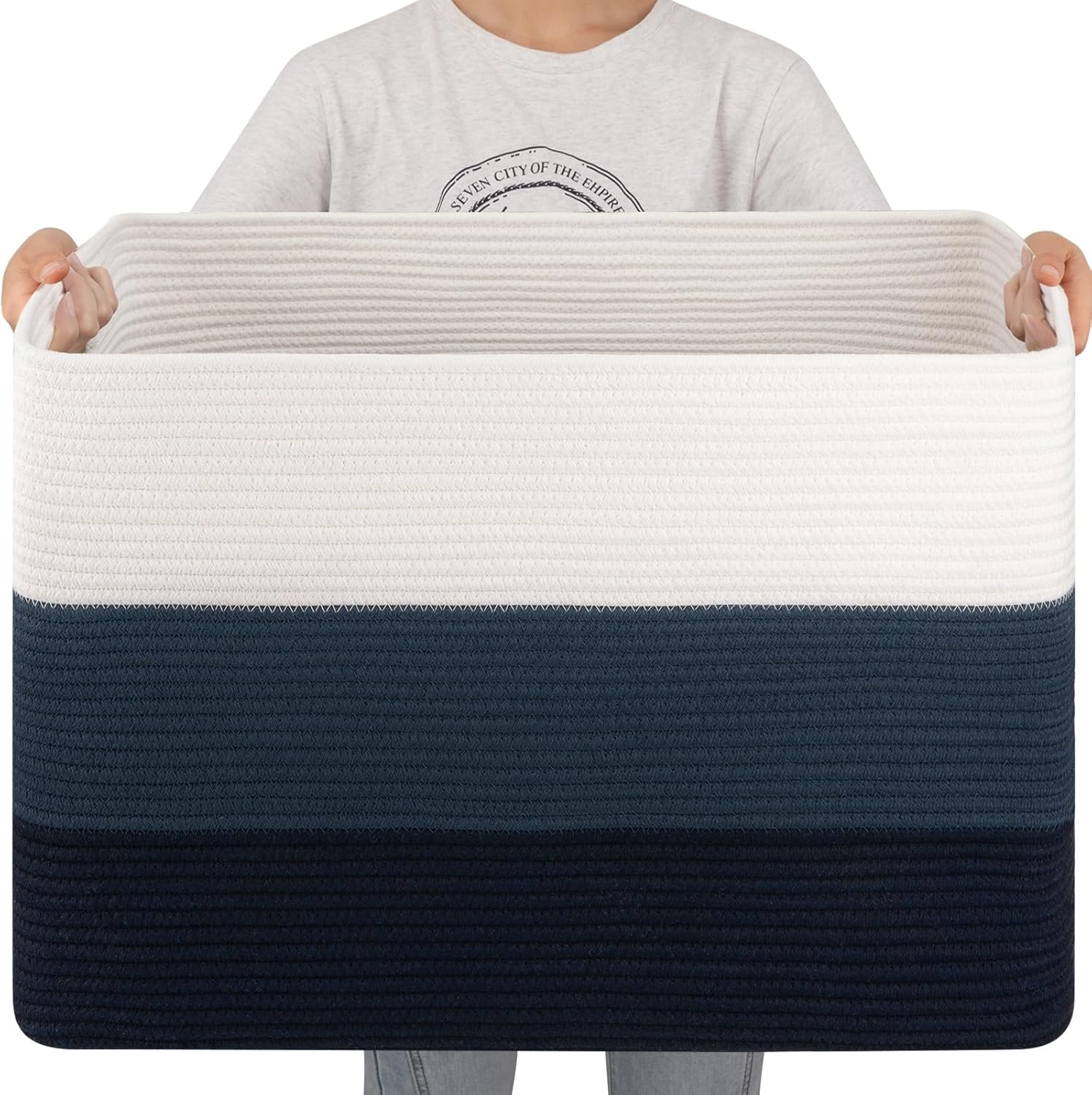 OIAHOMY 108L Super Large Blanket Basket, 25”x16”x16” Rectangle Woven Baskets for Storage, Cotton Rope Basket For Living Room, Toy Storage with Handle - Gradient Blue
