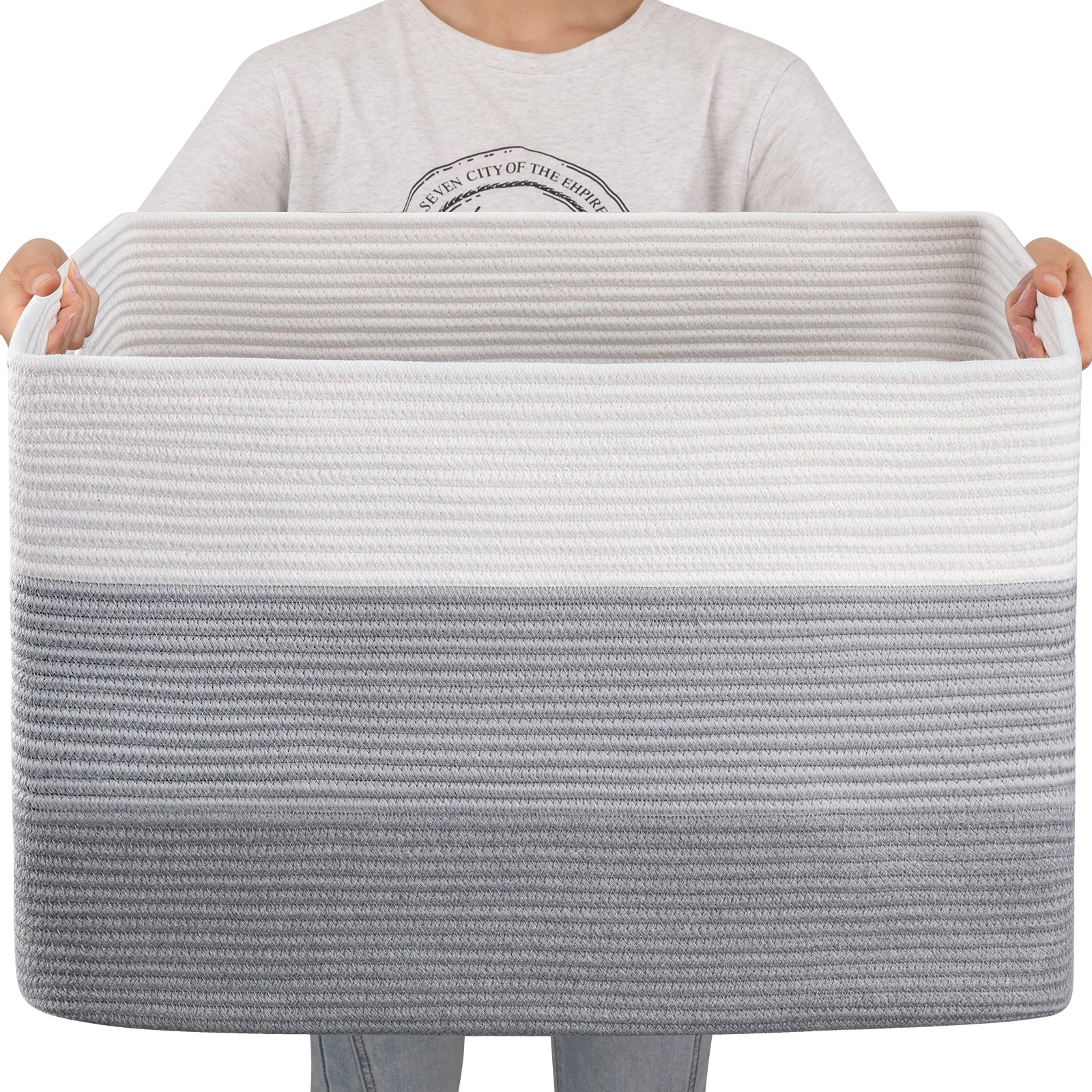 OIAHOMY 108L Super Large Blanket Basket, 25”x16”x16”(108L) Rectangle Woven Baskets for Storage, Cotton Rope Basket For Living Room, Toy Storage with Handle - Gradient Grey