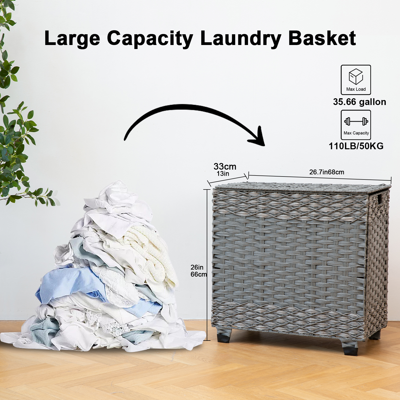 26.7"x13"x26" Synthetic Wicker Laundry Hamper with Lid